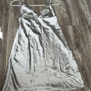 Silver Satin Slip Dress with V-Neck
